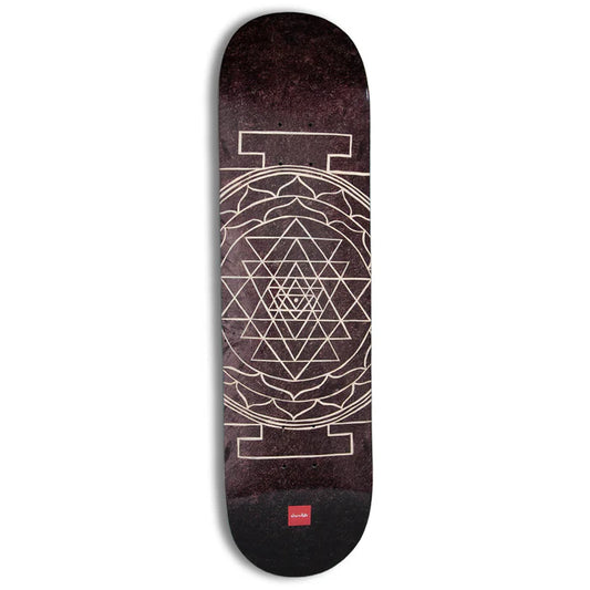 Skateboard deck with geometric design on a white background