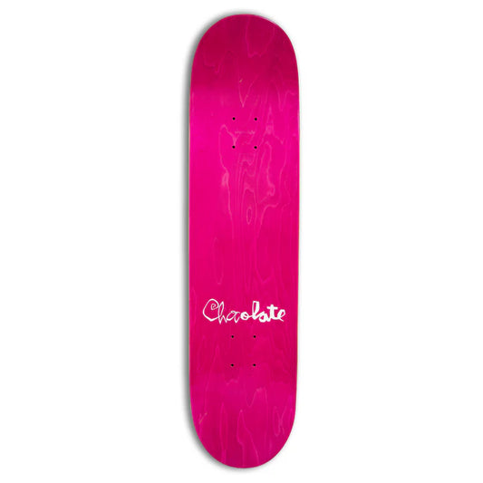 Pink skateboard deck with 'Chocolate' logo on a white background