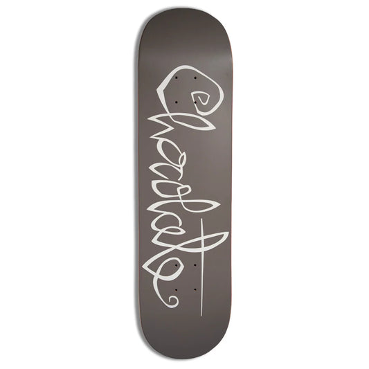 A skateboard deck with a dark gray woodgrain finish and a white stylized script graphic printed vertically down the center, shown against a plain white background.