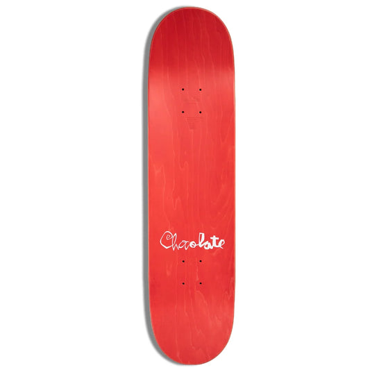 Red skateboard deck with 'Chocolate' logo on a white background