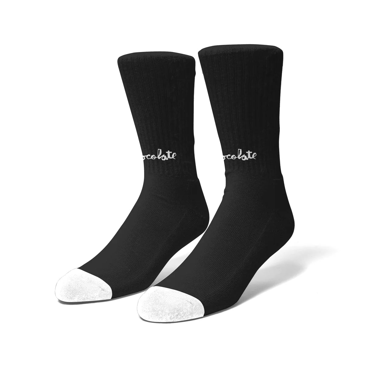 Black socks with white accents on a white background
