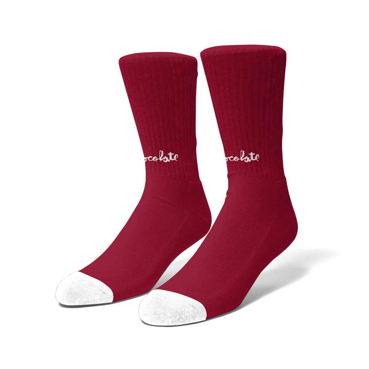 Red socks with white accents on a white background
