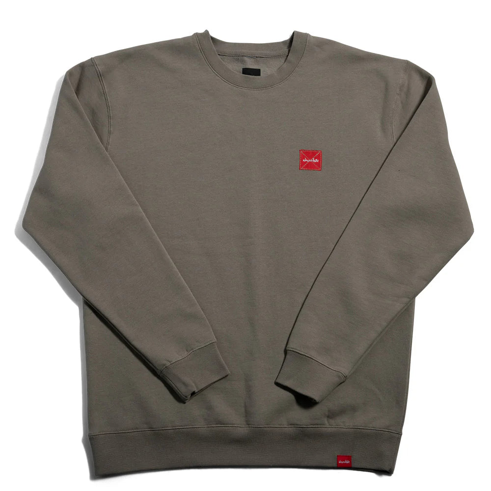 Gray sweatshirt with a red logo on a white background