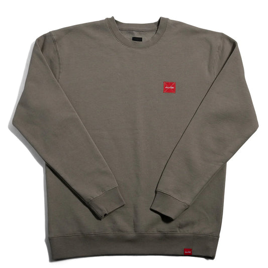 Gray sweatshirt with a red logo on a white background
