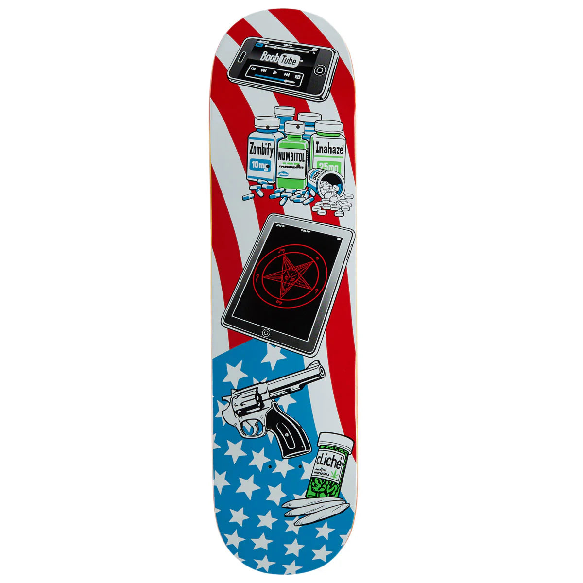 A skateboard deck featuring a red and white American flag background with blue star fields, illustrated with a black handgun, a red pentagram tablet, a syringe, and drug canisters.