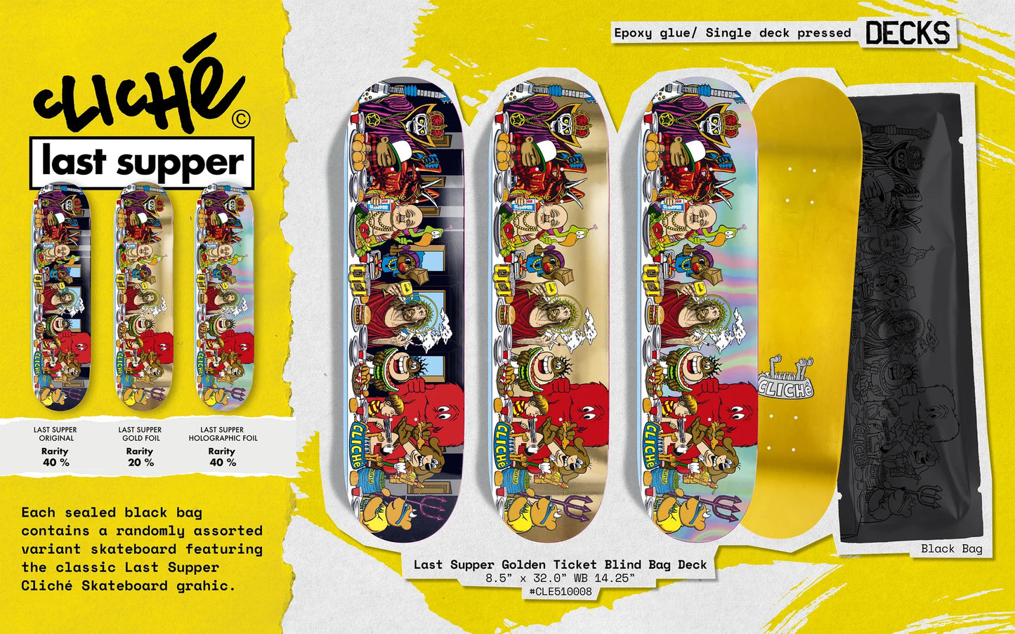 Cliche Skateboard Deck Last Supper Golden Ticket Blind Bag 8.5