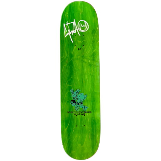 Green skateboard deck with a logo and design on a white background