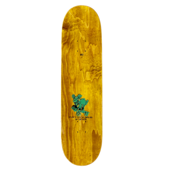 Wooden skateboard deck with a green graphic on a white background