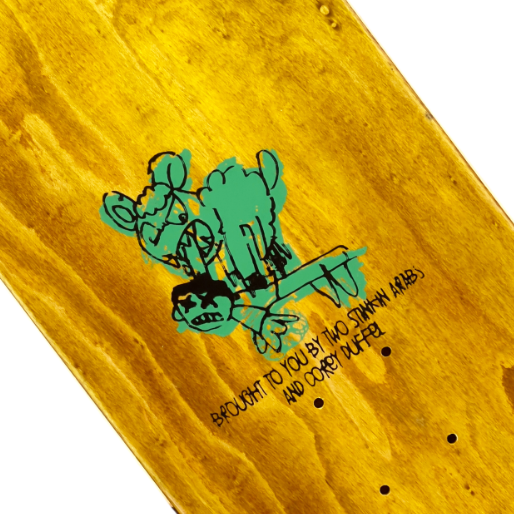 Wooden skateboard deck with a green and black graphic design on a yellow background