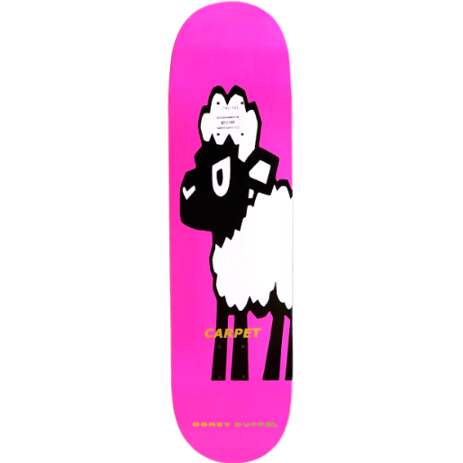 Skateboard deck with a black and white graphic design on a pink background