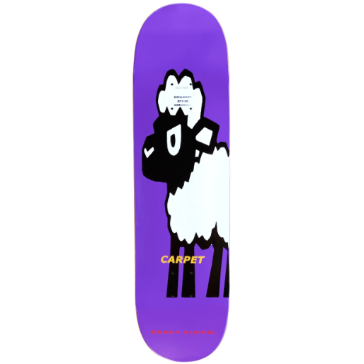Skateboard deck with a black and white character design on a purple background