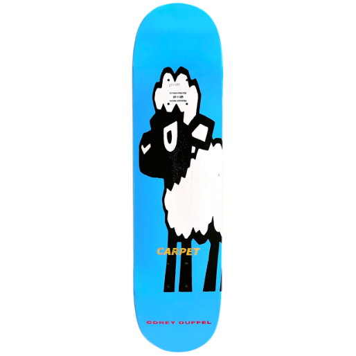 Skateboard deck with a cartoon character design on a blue background