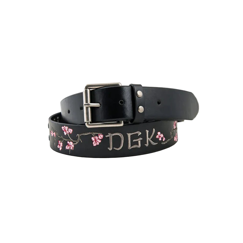 Black belt with floral and lettering design on a white background