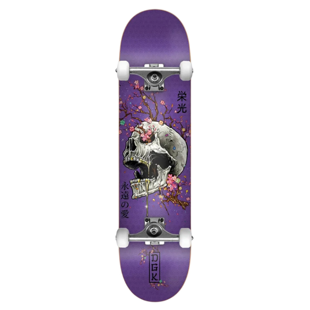 Skateboard with a purple deck featuring a skull and floral design on a white background