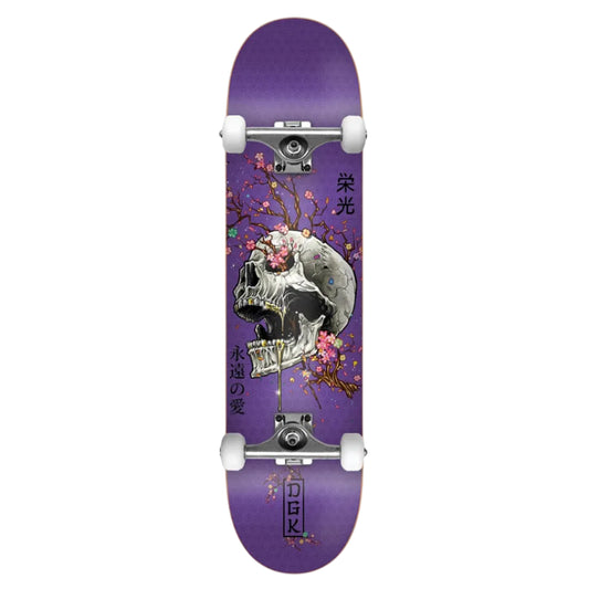 Skateboard with a purple deck featuring a skull and floral design on a white background