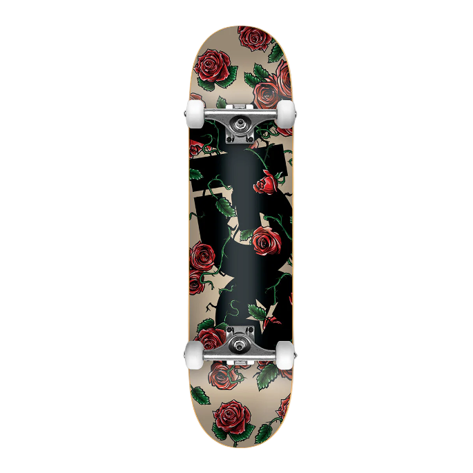 Skateboard with floral and silhouette design on a plain background
