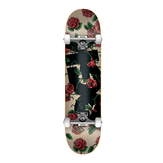 Skateboard with floral and silhouette design on a plain background