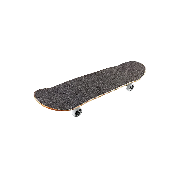 Skateboard with black deck and white wheels on a light gray background