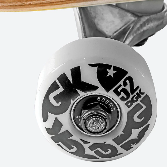 Close-up of a skateboard wheel with a visible brand logo on a white background