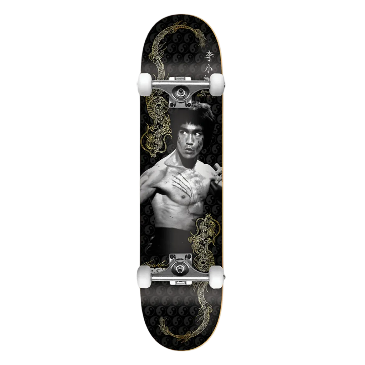 Skateboard with a design of a person in a black and white pose on a white background