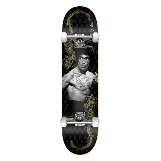 Skateboard with a design of a person in a black and white pose on a white background