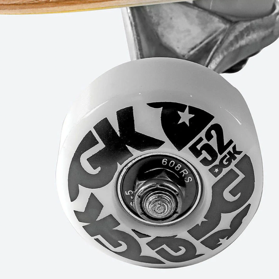 Close-up of a skateboard wheel with a visible brand logo on a white background