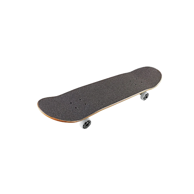 Skateboard with black deck and white wheels on a light gray background