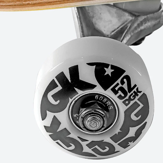 Close-up of a skateboard wheel with a visible brand logo on a white background