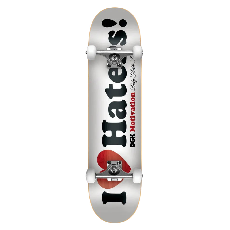 Skateboard with 'I Hate' and 'DK Motivation' text on a white background