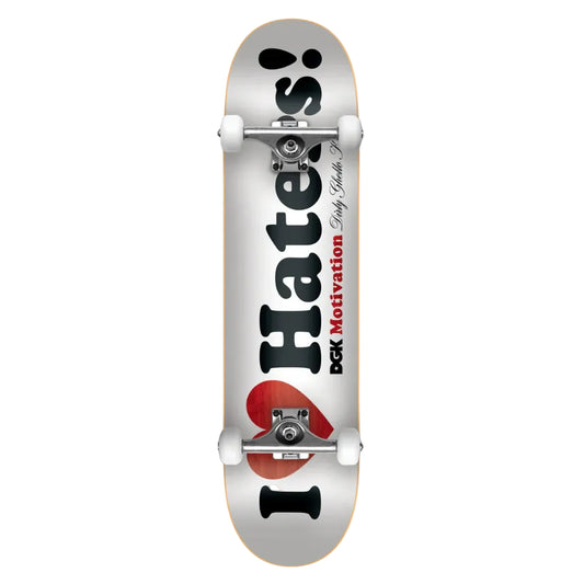 Skateboard with 'I Hate' and 'DK Motivation' text on a white background