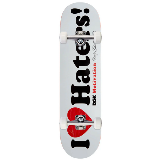 Skateboard with 'I Love Hateers' and 'DGK Motivation' text on a white background