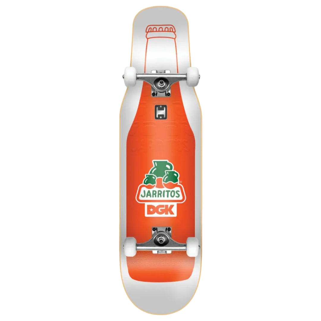 A longboard skateboard shown from above on a light gray background. The deck features a vibrant orange center with a green and white Jarritos logo, and a white tail with a red graphic.