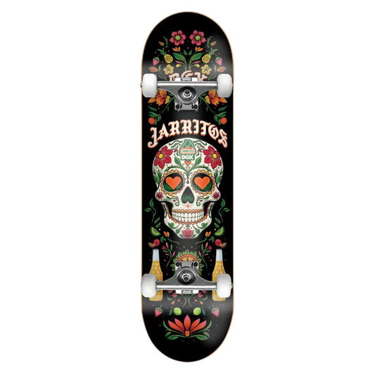 A skateboard shown from the underside, featuring a black deck with a large colorful sugar skull graphic, floral artwork, and the word 'JARRITOS' printed across the center. The skateboard is photographed against a plain light gray background.