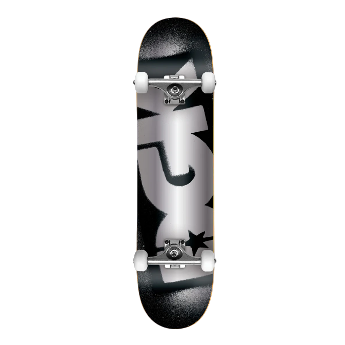 Skateboard with a black and white design on a light gray background