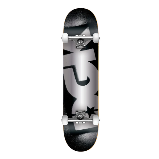 Skateboard with a black and white design on a light gray background