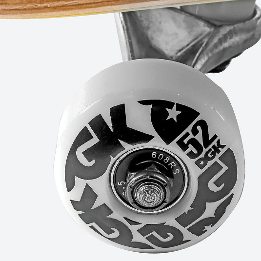 Close-up of a skateboard wheel with a visible brand logo on a white background