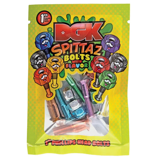 DGK Spittaz Bolts 1-inch Phillips head bolts in a bright yellow pouch with colorful cartoon graphics and a clear window showing the assorted metallic bolts inside.