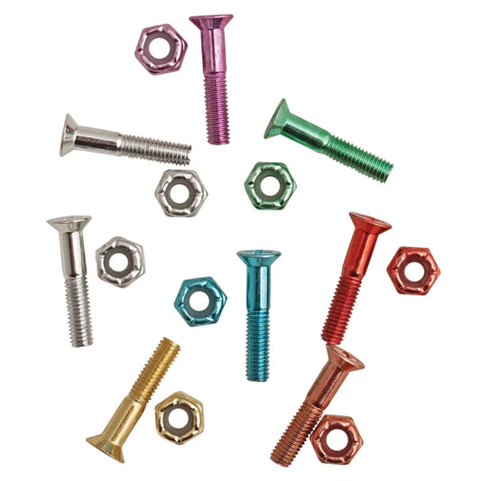 Colorful assortment of screws and nuts on a white background