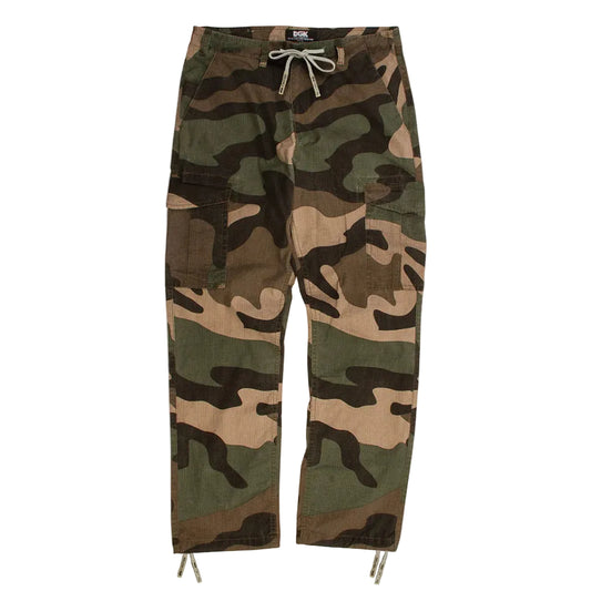 Camouflage pants with drawstring on a white background