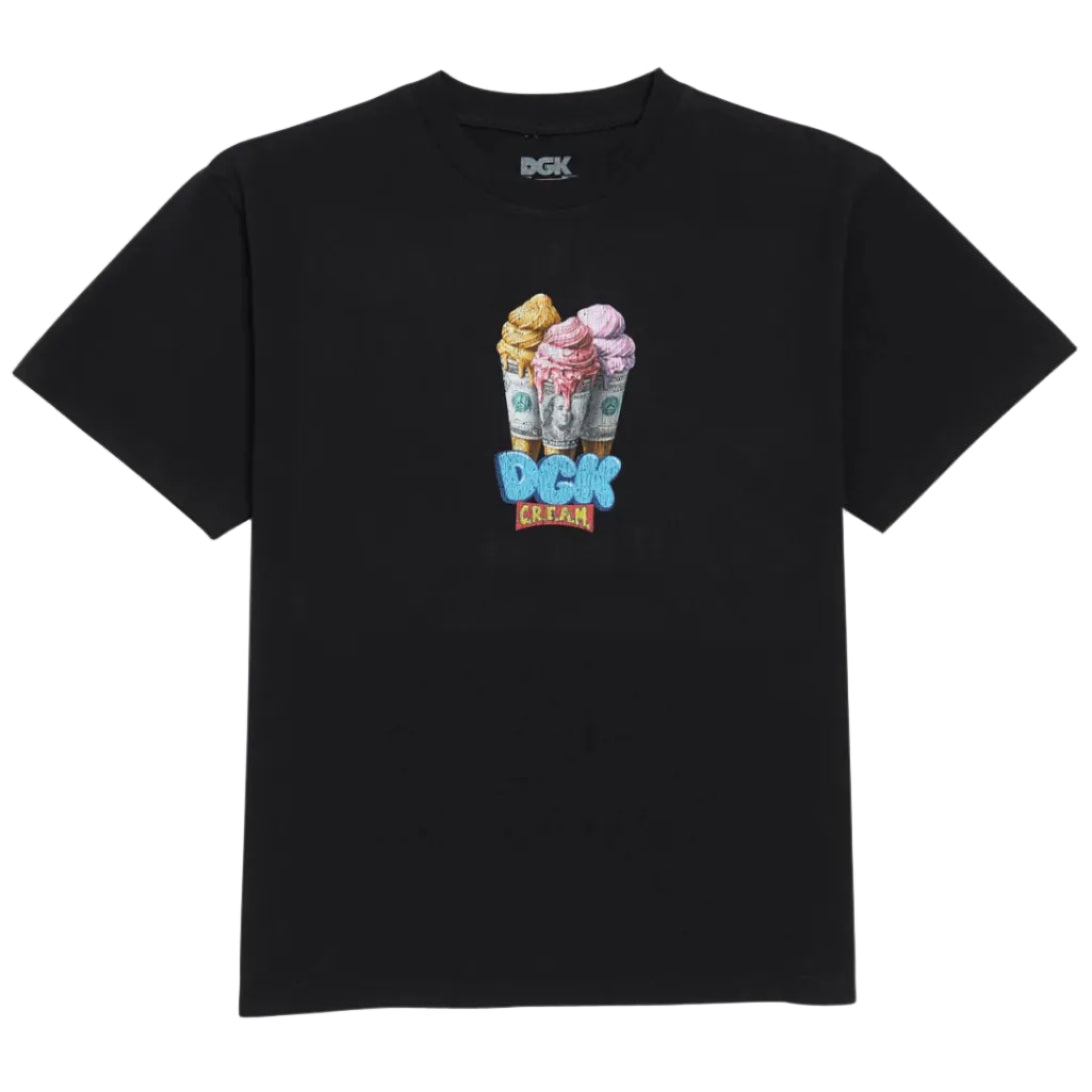 Black t-shirt with ice cream graphic and 'DGK Cream' text on a white background