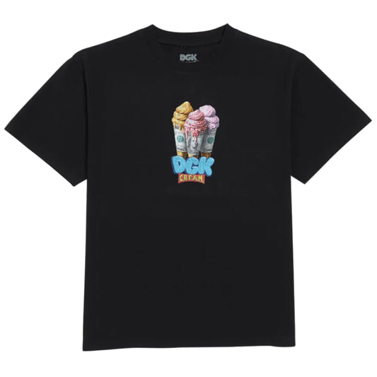 Black t-shirt with ice cream graphic and 'DGK Cream' text on a white background