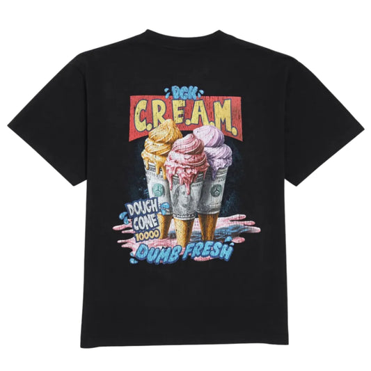 Black t-shirt with colorful ice cream cone graphic and text on a white background