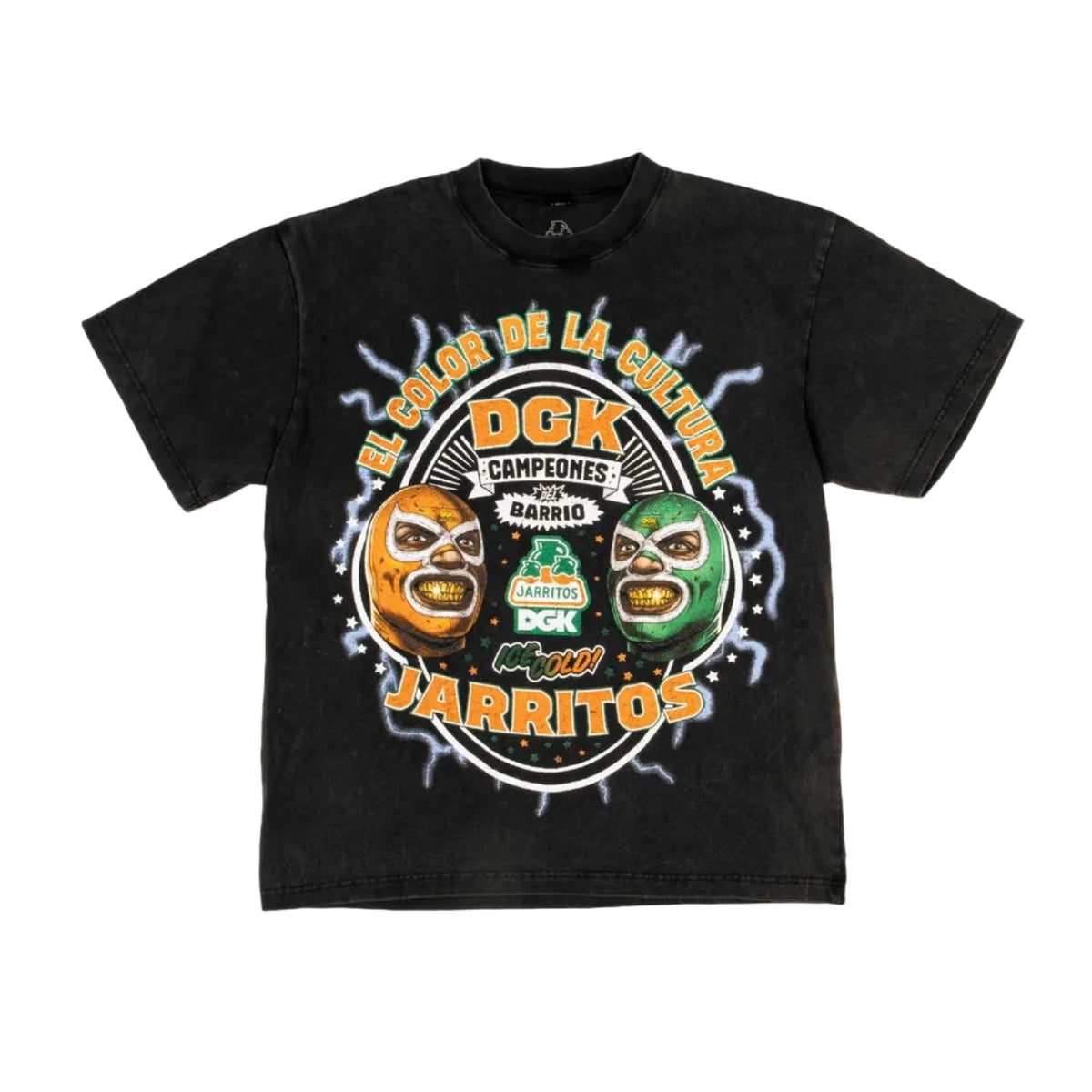 A black short-sleeve t-shirt with a large graphic print on the front featuring two luchador masks (one orange, one green) and the text 'DGK Campeones jarritos' and 'El Color de la cultura'.