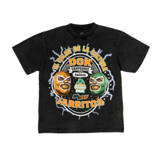 A black short-sleeve t-shirt with a large graphic print on the front featuring two luchador masks (one orange, one green) and the text 'DGK Campeones jarritos' and 'El Color de la cultura'.