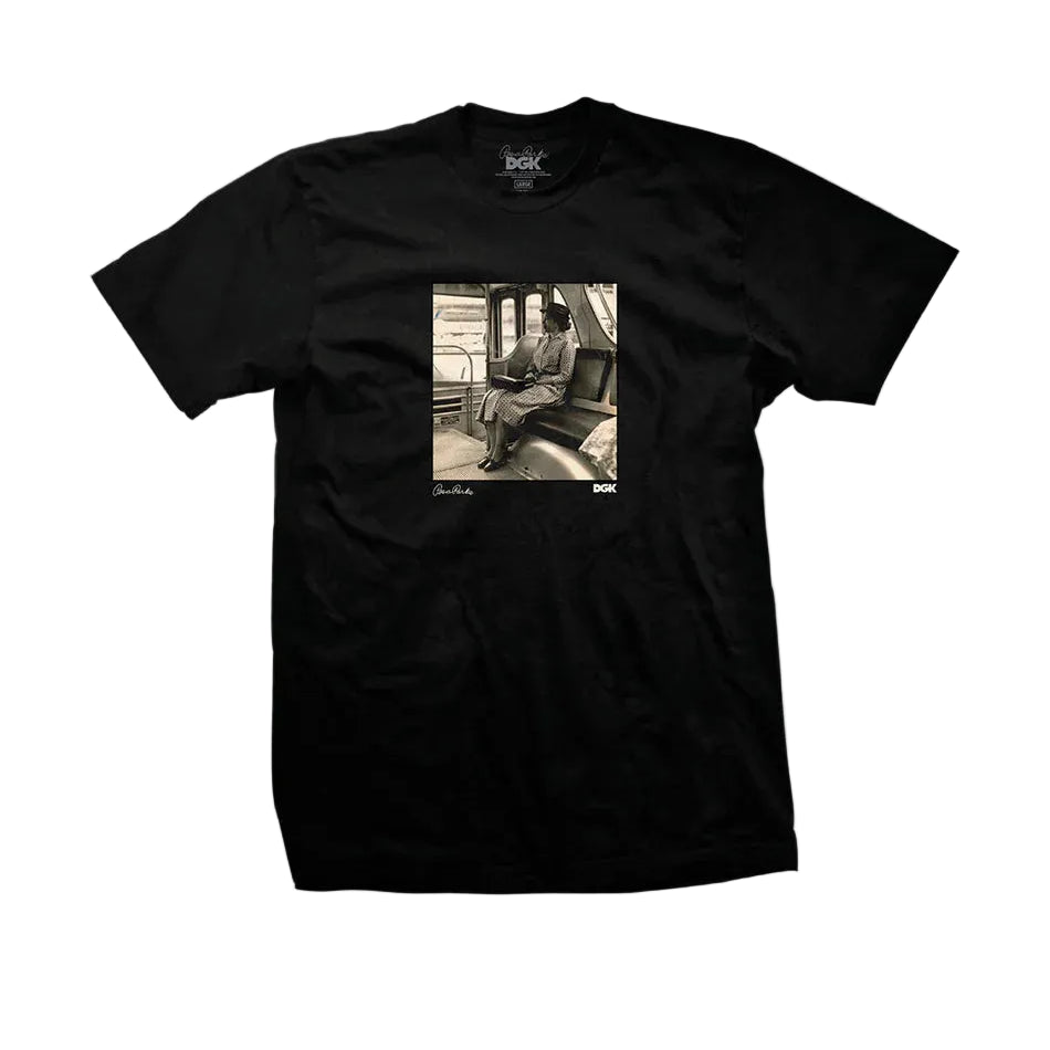 Black t-shirt with a graphic print on a white background