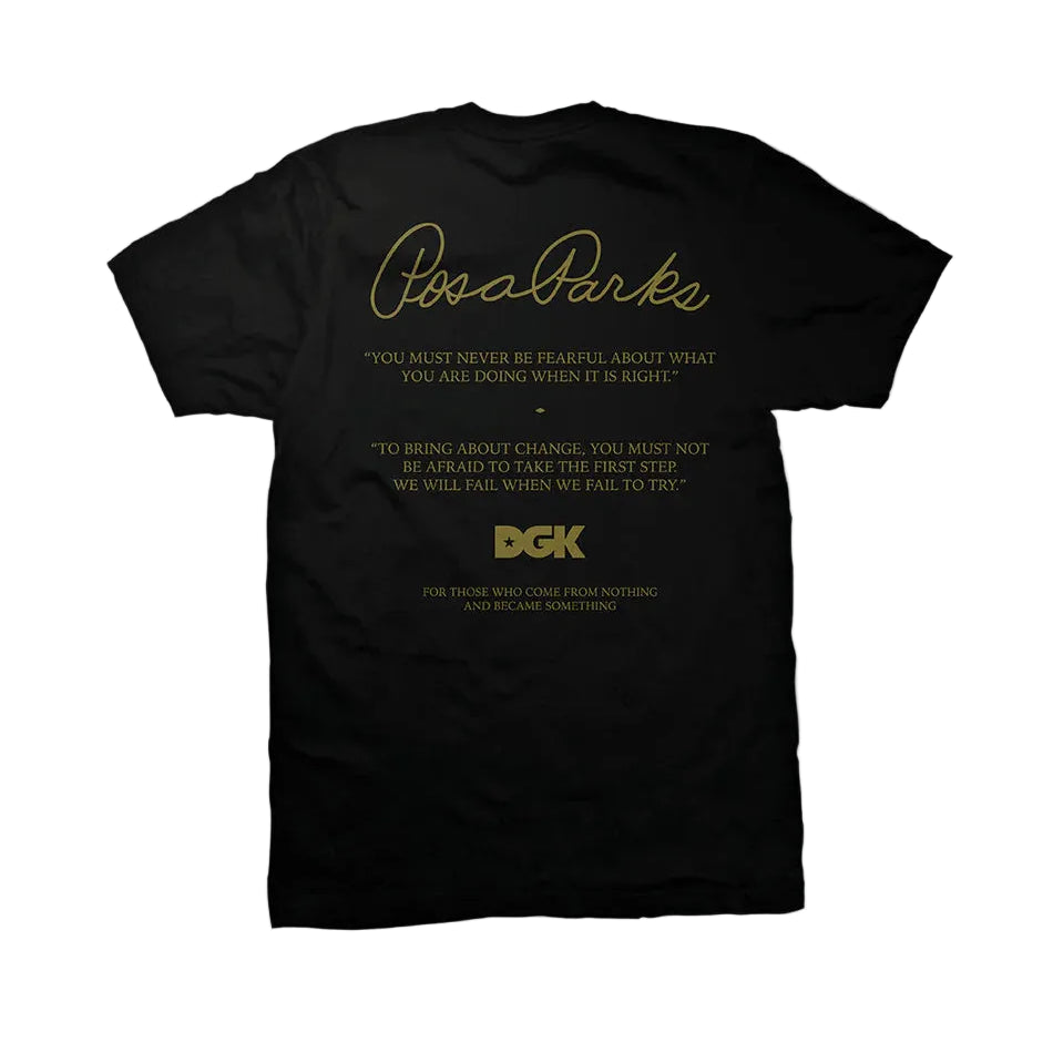 Black t-shirt with gold text on a white background