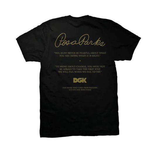 Black t-shirt with gold text on a white background