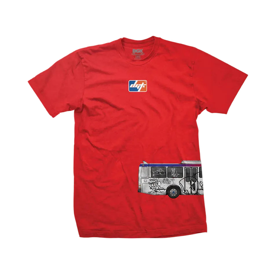 Red t-shirt with a graphic of a food truck and logo on a white background