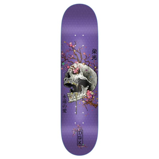 A purple skateboard deck featuring a detailed graphic of a skull with a pink rose and cherry blossoms, set against a clean white background.