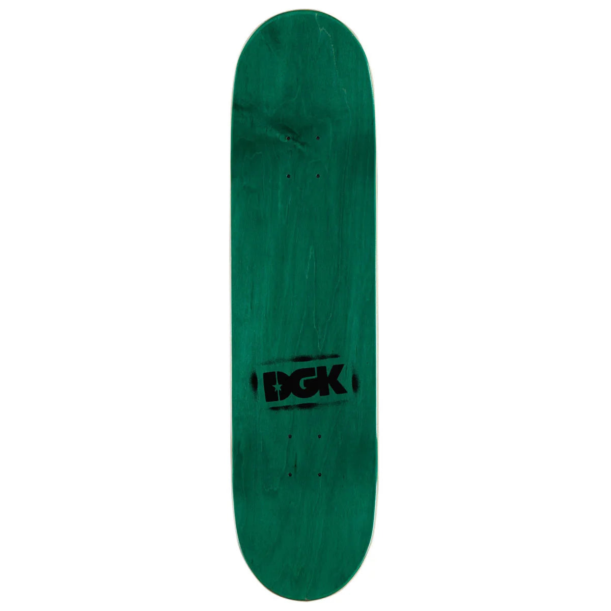 A green skateboard deck with a black DGK logo printed in the center, shown vertically against a plain white background.